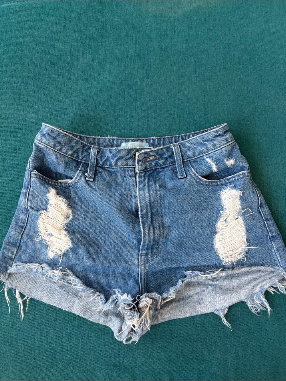 High-Waist Distressed Denim Shorts - Blue